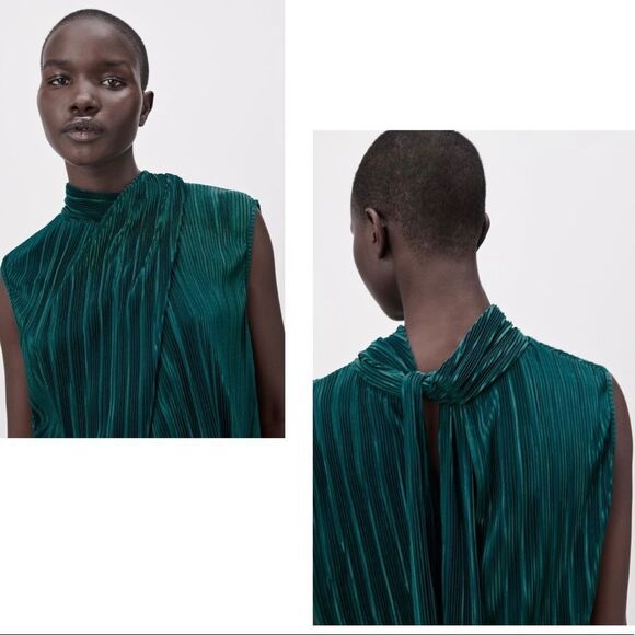 ZARA pleated sleeveless high collar blouse green Sz L NWT - Picture 2 of 9